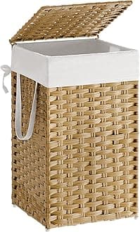 SONGMICS Laundry Hamper with Lid, 17.2 Gallon (65 L) Synthetic Rattan Clothes Laundry Basket with Lid and Handles, Foldable, Removable Liner, Goose Yellow ULCB165N01