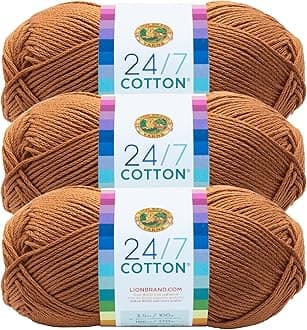 Lion Brand 24/7 Cotton Yarn, Lightweight Yarn for Knitting, Crocheting, and Crafts, Camel, 3 Pack