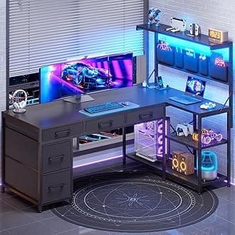 L Shaped Gaming Desk, 47.2" Reversible Small Computer Desk with 5 Drawers and Storage Shelves, Corner Gaming Desk with LED Lights and Power Outlet, Black