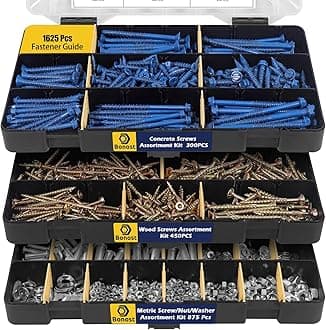 Bonost Hardware Concrete Assortment Kit 1625 Pcs- Concrete Screw Set with Assorted Nuts, Bolts, and Wood Screw (3 Trays)