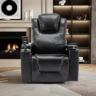 Merax 270 Degree Swivel PU Leather Power Recliner Individual Seat Home Theater Recliner with Surround Sound, Cup Holder, Removable Tray Table, Hidden Arm Storage for Living Room, Black