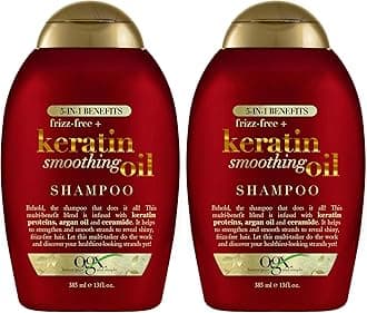 OGX Frizz-Free + Keratin Smoothing Oil Shampoo, 5 in 1, for Frizzy Hair, Shiny Hair, 13 Fl Oz (Pack of 2)