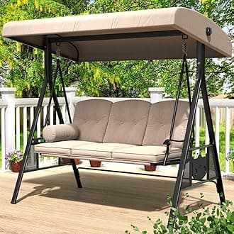 AECOJOY Outdoor Patio Swing Chair for Adults, 3-Seat Porch Swings with Adjustable Canopy, Outside Swing Bench with Removable Cushion, Suitable for Backyard, Garden, Yard, Poolside, Balcony (Beige)