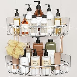Orimade Corner Shower Caddy Stainless Steel with Hooks Wall Mounted Bathroom Shelf Storage Organizer Adhesive No Drilling 2 Pack, Silver Only for 90-Degree Corner
