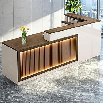 L Shaped Reception Desk, Solid Wood Front Desk with Counter & Lockable Drawers, Retail Checkout Customer Service Counter for Home Office Lobby Store,(Walnut,63in-Left)