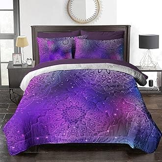 BlessLiving Purple Mandala Comforter Set, Pink Purple Blue Bedding for Kids Girls Women 8 Pieces Purple Glitter Bed Set (Queen)