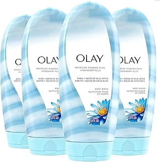 Olay Body Wash for Women, Moisture Ribbons Plus, Deep Conditioning & Moisturizing Formula, Long Lasting Smooth Soft Skin, For All Skin Types, Shea Butter & Blue Lotus Scent, 18 fl oz (Pack of 4)