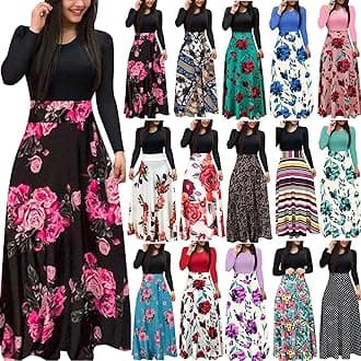 Women Dresses Sale Clearance Ladies Summer Long Sleeve Floral Printed Casual O-Neck Patchwork Dress Maxi Dress Bodycon Dress Office Wear for Casual Club Cocktail Evening Gowns Work UK Size 8-26