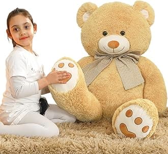 MorisMos 4 Feet Giant Teddy Bear Stuffed Animal, 47" Large Tan Teddy Bear Plush with Footprints and Big Bow, Valentines Christmas for Girlfriend, Wife, Girls, Baby Shower Decor