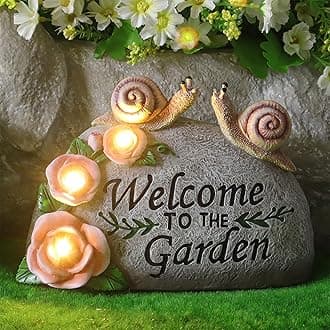 Snail Garden Statue Outdoor Decor Art Solar LED Light Welcome Sign Sculpture Auspicious Snail Resin Figurine Yard Porch Patio Lawn Decorations Housewarming Gifts for Mom Grandma Women