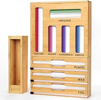 GONAD Storage Bag Organizer - Foil & Plastic Wrap Organizer with Cutter, Kitchen Storage Compatible with Gallon, Quart, Sandwich, Snack Bags & Aluminum Foil & Wax Paper, NATURAL