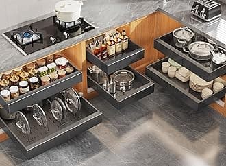 6Pack Expandable Pull Out Cabinet Organizer 21"Deep with Raising Pad for Framed Cabinets,Slide Out Drawers with 4pcs Divider Racks,Roll Out Shelves Adhesive,Adjustable Width 12.05"-20.4"Black