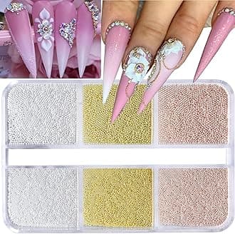 HNUIX Small Nail Beads - Gold Silver Rose, 3D Multi Size, Round, Mini Metal Steel Beads Nail Charms, Caviar Accessories for Acrylic Nails, Manicure DIY Crafts Decorations