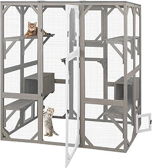 Large Catio Outdoor Cat Enclosure, Wooden Cat House Outdoor with Asphalt Roof, Cat Cage Cat Condo with Platforms, Outdoor Cat Run Playpen for Indoor Outdoor Cats