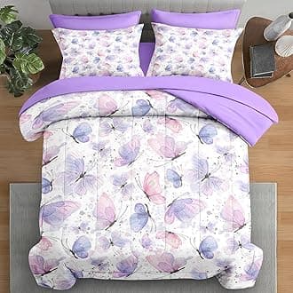 Comforter Set King Size, Cute Lilac Pink 7 Pcs Bedding for Kids and Adults, Butterfly Cat Purple Bed Sheet Sets with Fitted Sheet 2 Pillowcases & 2 Shams for Bedroom Bed Decor