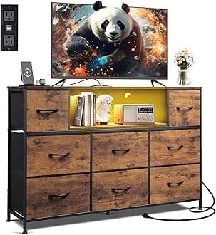 WLIVE Dresser TV Stand for 45, 50, 55 inch TV, Entertainment Center with LED Lights & Charging Station, Chest of Drawers with 8 Fabric Drawers and Open Shelves for Living Room, Hallway, Rustic Brown