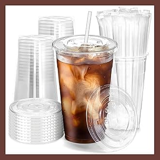 Plastic Clear Cups 24 oz with Lids and Straws 50 Set Disposable Cold Beverage Drinking Iced Coffee Water Juice Tea Party Travel Cafe Restaurant School Office Home Kitchen (50 Set, 24 oz)