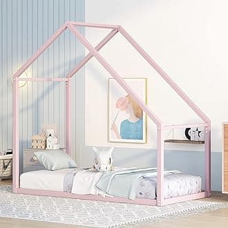 Bellemave Twin Kids Montessori Bed Tent Floor Bed Metal Frame with Roof, Box Spring Needed, for Toddlers, Teens, Girls, Boys (Pink)
