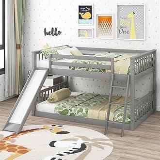 Full Over Full Low Bunk Beds with Slide for Kids Wood Floor Bunk Bed Frame for Boys Girls Teens’ Bedroom Dorm, Gray