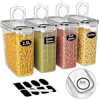 4 Pack Airtight Cereal & Dry Food Storage Container - Airtight Leak-proof & BPA Free Plastic Kitchen and Pantry Organization Canisters for Flour, Sugar, Rice, Nuts, Snacks, Pet Food (2.5 Liter)