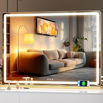 Hasipu Vanity Mirror with Lights, 39.4" x 30" LED Makeup Mirror, Lighted Makeup Mirror with Dimmable 3 Modes, Touch Screen Control Vanity Mirror Round Gold