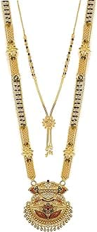 Brado Jewellery Traditional Necklace Pendant Gold Plated Hand Meena 30inch Long and 18inch short Combo Of 2 Mangalsutra/Tanmaniya/nallapusalu/Black Beads For Women and Girls
