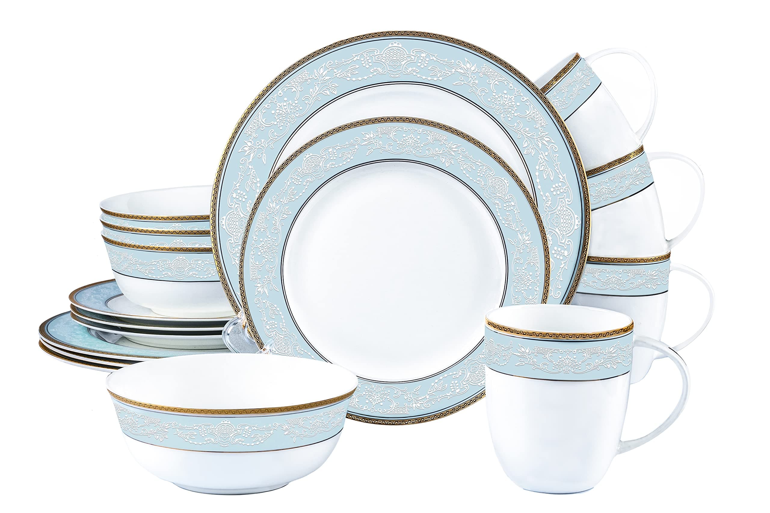 Bone China Dinnerware Set with Cyan Embossed Pattern, 8" Dessert Plate, 10.5" Dinner Plate, 6" Cereal Bowl and Milk Cup (16 pieces, cyan-blue)