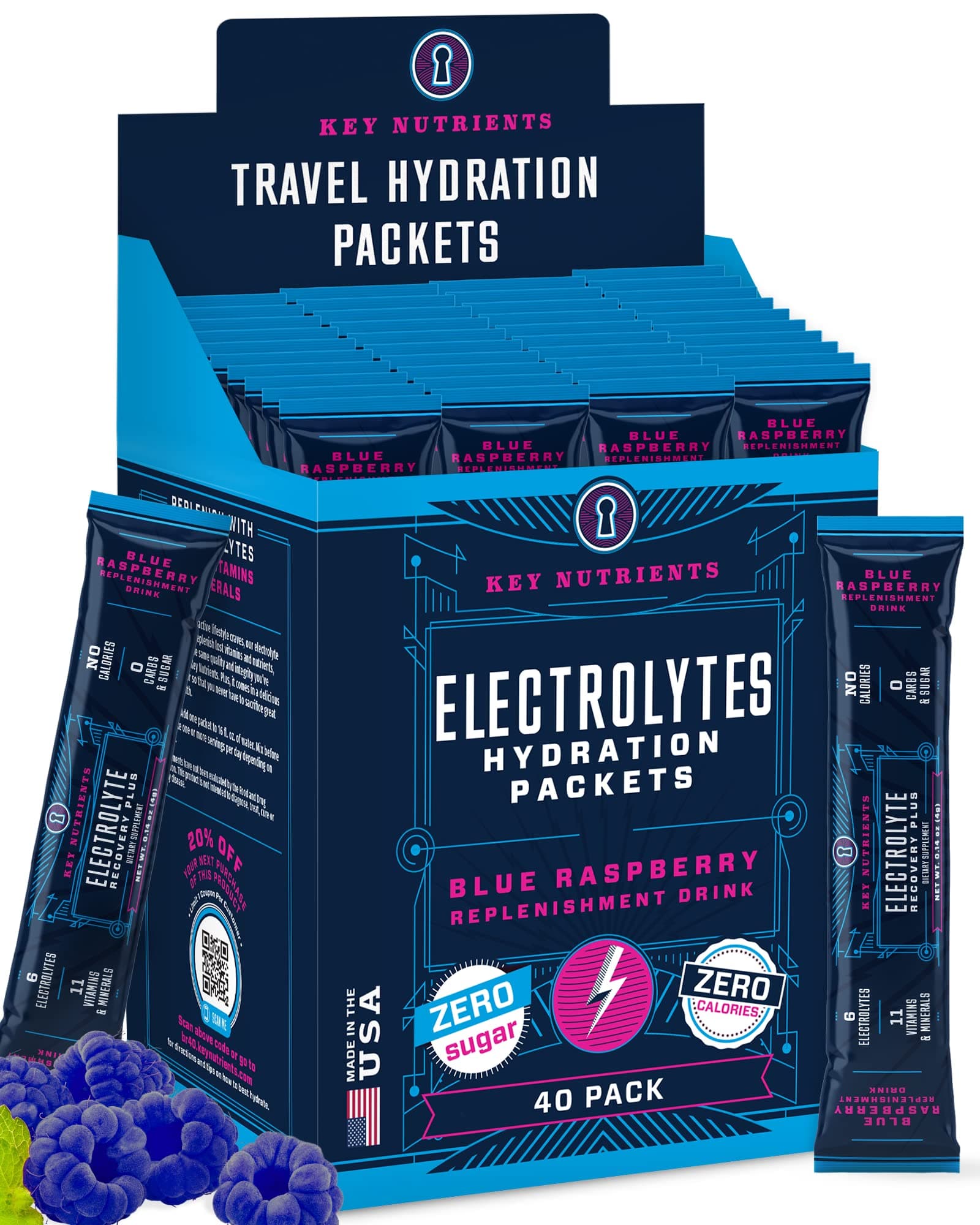 Electrolytes Powder Packets - Delicious Blue Raspberry 40 Pack Hydration Packets - Travel Hydration Powder - No Sugar, No Calories, Gluten Free - Made in USA