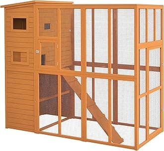 Catio Outdoor Cat Enclosure, Wooden Cat Patio with Platforms, Waterproof Asphalt Roof, Ramps, 77" L, Natural