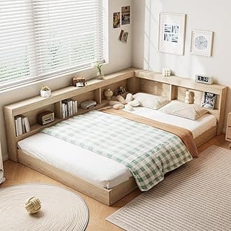 BTM 4FT6-135x190cm Double Bed with Storage, Multifunctional Wooden Double Bed for Adults & Teenagers, White Oak Color (No Mattress)
