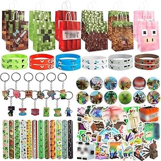 110 PCS Miner Party Bag Fillers, Birthday Supplies, Gamer Party Favours with Stickers Bracelet Party Bags Keychain Button Pins, Game Party Decorations for Kids