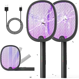 Electric Fly Swatter Foldable Bug Zapper Racket 2 in 1 Mosquito Killer with Purple Attractant Light Rechargeable 1800mAh for Indoor Home Backyard Patio Camping