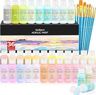 CaliartPastel Acrylic Paint Set with 12 Brushes, 36 Pastel Colors (59ml, 2oz) Art Craft Paint for Artists Students Kids Beginners & Hobby Painters, Canvas Ceramic Wood Rock Painting Supplies Kit
