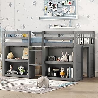 LED Twin Size Low Loft Bed, Kids Loft Bed with Storage Shelves,Twin Low Loft Bed Frame with LED Light for Kids,Boys,Girls,Grey