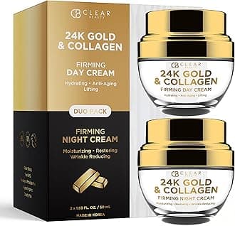 Clear Beauty 24K Gold & Collagen Day Night Moisturizer Set - Hydrating, Anti-Aging Cream, Natural Ingredients, Cruelty Free Korean Skin Care, All Skin Types - Value Pack