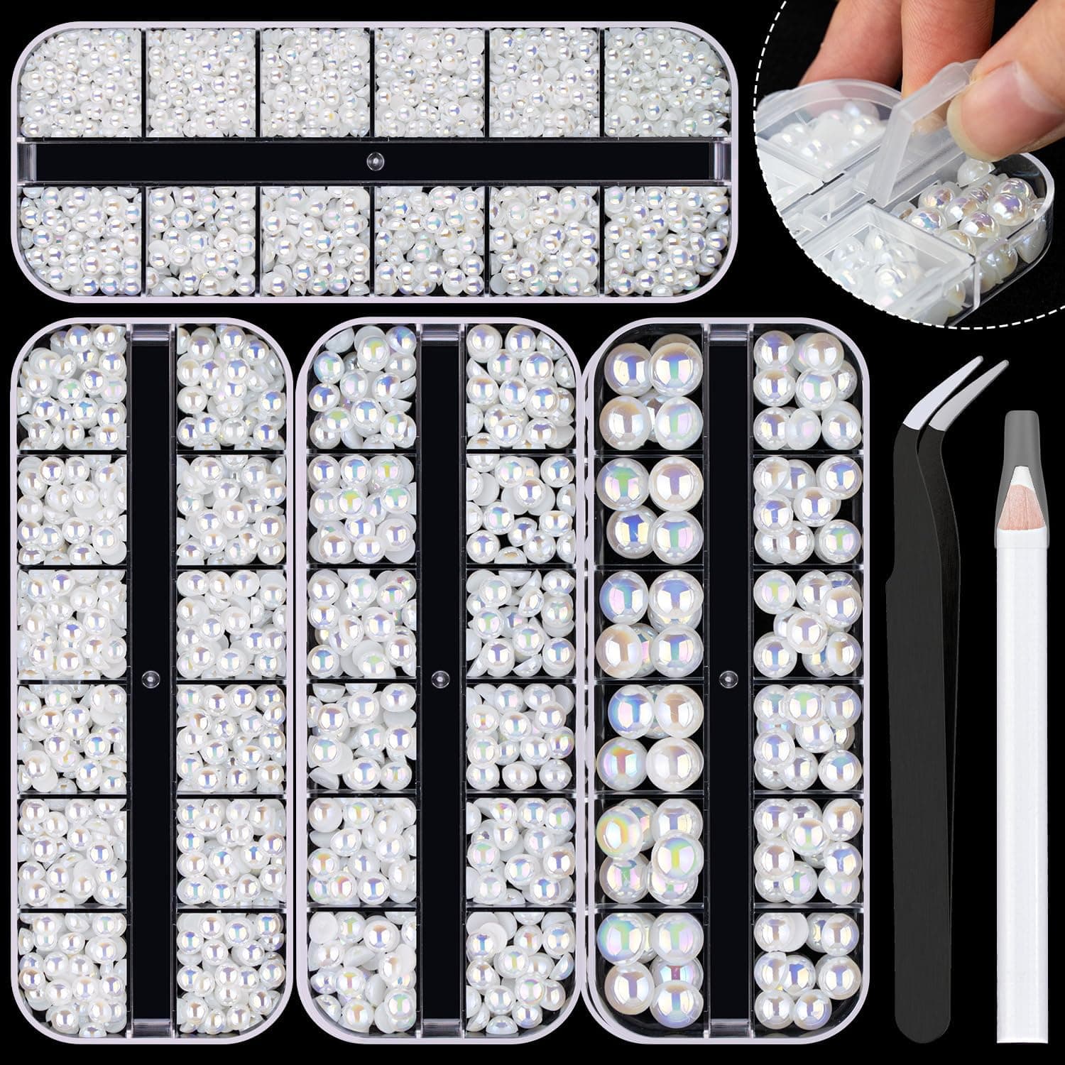 4 Boxes Flat Back AB Pearls Kit 1 Flatback WhiteAB Half Round Pearls 3-10mm with Pickup Pencil and Tweezer for Home DIY and Professional Nail Art, Face Makeup and Craft