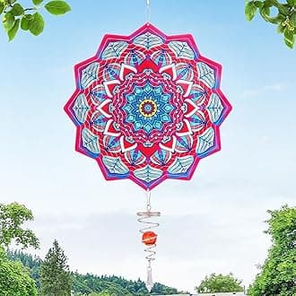 Mandala Wind Spinner - 3D Stainless Steel Garden Spinner with Ball Spiral Tail, Kinetic Hanging Wind Catcher Sculptures for Yard Art Window Indoor Outdoor Decor, Red