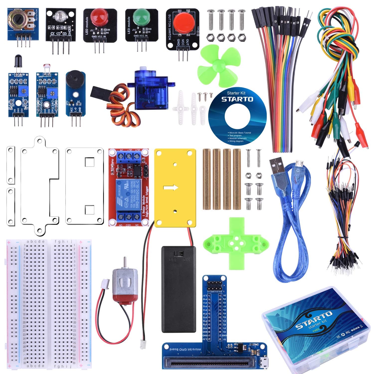 STARTO Starter Kit for BBC Micro:bit, Basic Coding Kit Includes Sensor, Expansion Board, Servo, Relay, Acrylic Protective case and Free Tutorial for Microbit Beginners and Kids to Learn Electronics