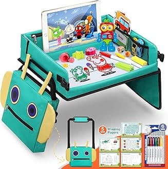 COOLJOY Kids Travel Tray for Toddler Car Seat, 2 in 1 Kids Lap Tray with Robot Backpack and Transparent Erasable Surface, Play Trays for Cars, Educational Travel Toys for Kids Toddlers Boys Girls