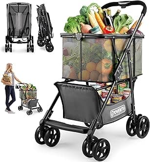𝐍𝐞𝐰𝐥𝐲 𝐔𝐩𝐠𝐫𝐚𝐝𝐞𝐝 Folding Shopping Cart, 80lbs Collapsible Grocery cart with Removable Basket and 360° Swivel Wheels, Single-hand Fold, Portable Personal Stroller Shopping Cart for Groceries