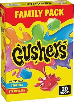 Gushers Fruit Flavored Snacks Family Pack, Tropical & Strawberry Flavors, Gluten Free Gummy Kids Snack, Bursting Juicy Center, Vitamin C Source, Individually Wrapped, Bulk Box, 20 Pouches, 16 oz Total