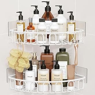 Corner Shower Caddy with 2 Hooks Wall Mounted Metal Bathroom Shelf Storage Organizer Adhesive No Drilling 2 Pack, White Only for 90-Degree Corner