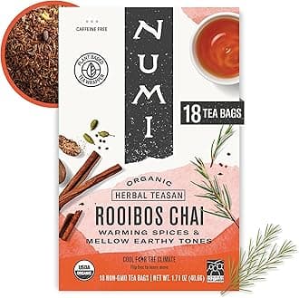 Numi Organic Rooibos Chai Tea, 18 Herbal Bags, Microplastic Free, Rich Flavor with Cinnamon, Allspice & Ginger, Caffeine Free