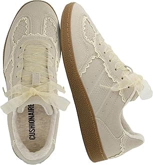 CUSHIONAIRE Belinda Women’s Lace Detail Casual Sneakers – Elegant Ribbon Lace-Up Shoes with Memory Foam