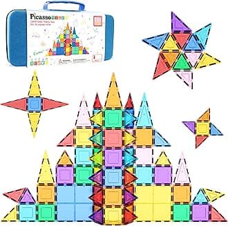 PicassoTiles 101 PCs Magnetic Tiles Building Block with Storage Case Included Bold Colors Travel Carry Case Construction Set for Boys & Girls Great Gift Preschool Kindergarten Montessori Playing Toys