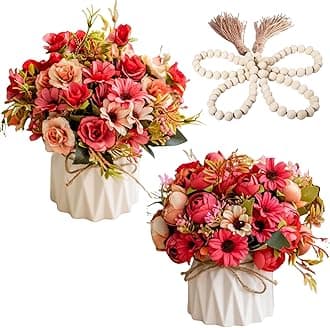 Silk Peony Flower Arrangements in Vase - Set of 2 Faux Floral Centerpieces with Wooden Beads Garland, Lifelike Pink Bouquet Decor for Coffee & Dining Table, Ideal for Dresser & Shelf Decorations