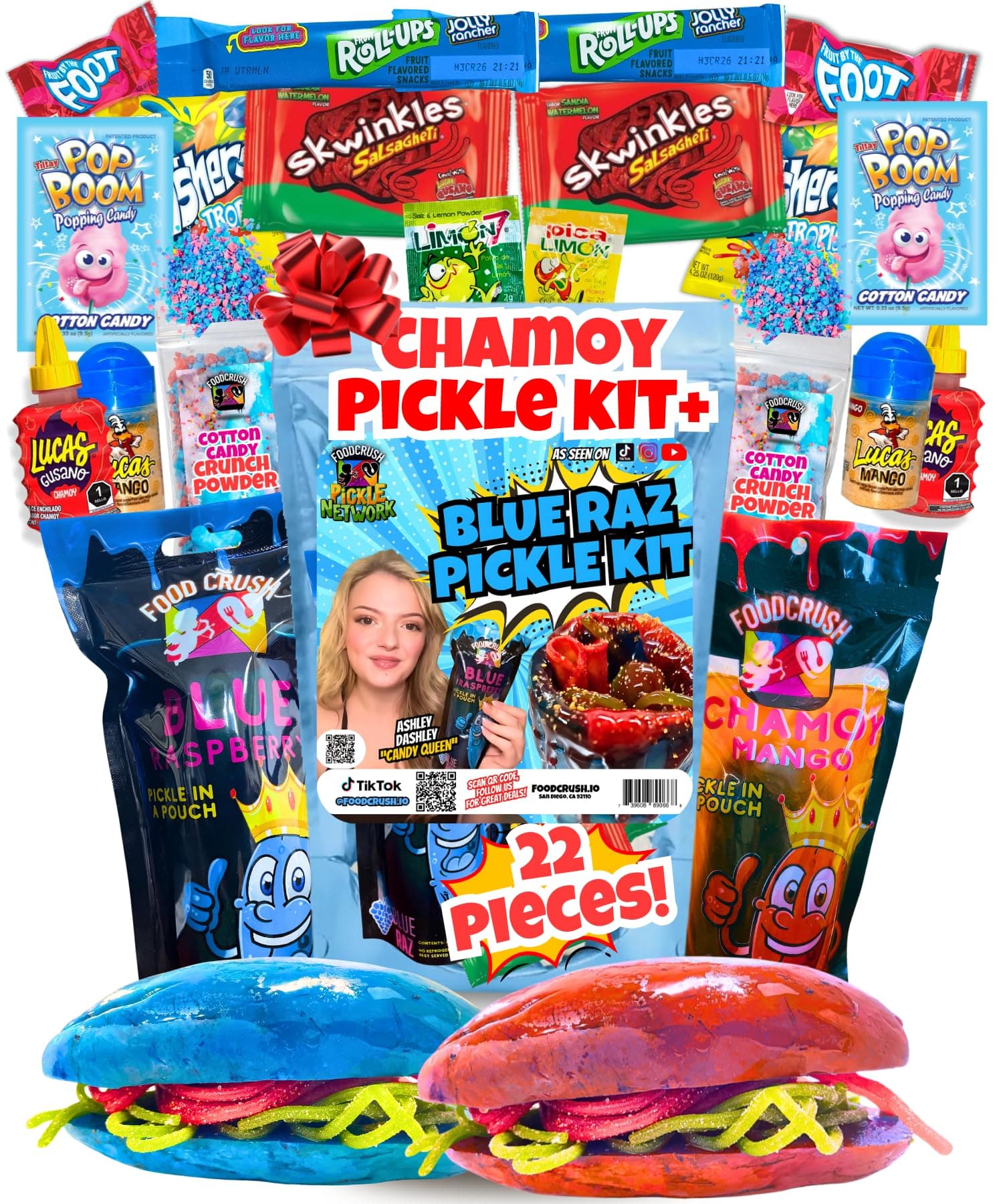 Food Crush Chamoy Pickle Kit for 2 + Blue Raspberry Pickle Kit - Comes in a Gift Box From Takis Blue Chips, Fruit Rolls and Other Mexican Sweet Treats. The Box of S