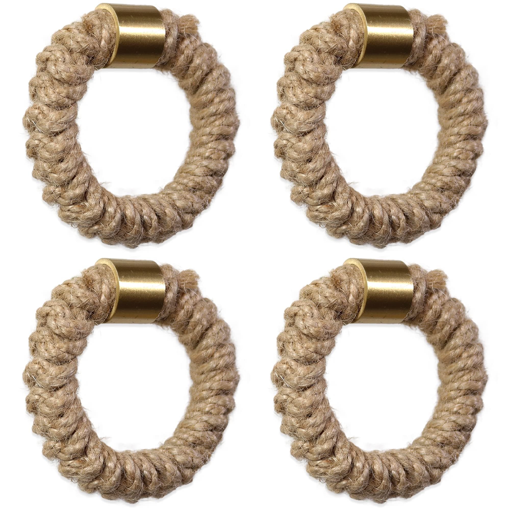 ETIUC4 Pack Brushed Brass Drawer Knobs Gold Knobs Solid Brass Knobs Nautical Twisted Jute Rope Drawer Pulls Handles Kitchen Cabinet Hardware Cupboard Wardrobe Door Furniture Knobs