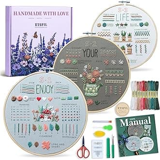 ETSPIL Embroidery Kit for Beginners & Adults, 3-Pack 33-Stitch Practice Samplers, Pre-Stamped Patterns, 7.8 inch Hoop, Floss & Needles, Step-by-Step Guide and Video Tutorials, DIY Needlework Gift