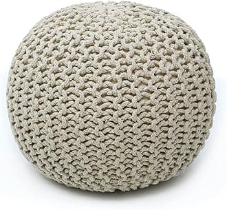 The Home Talk Pouf Ottoman Boho Hand Knitted Braid Cord Footrest - 100% Cotton Bean Bag, Floor Chair, Perfect for Living Room, Bedroom, Home Décor, 18"x18"x14", Champagne